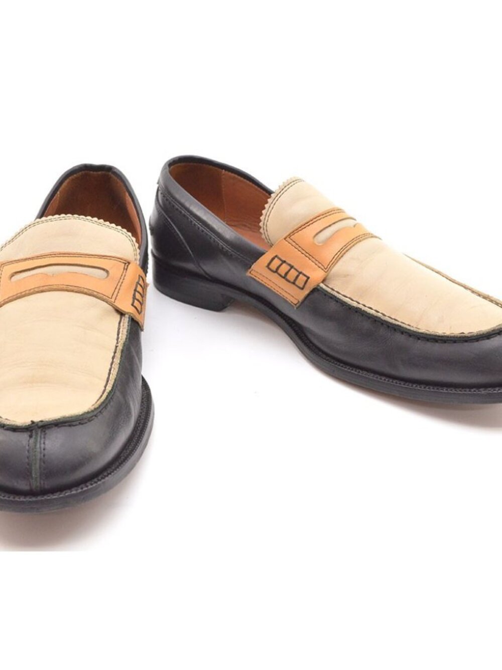 Paul Fredrick Two-Tone Black, Cream & Tan Leather Loafers - Picture 2 of 8